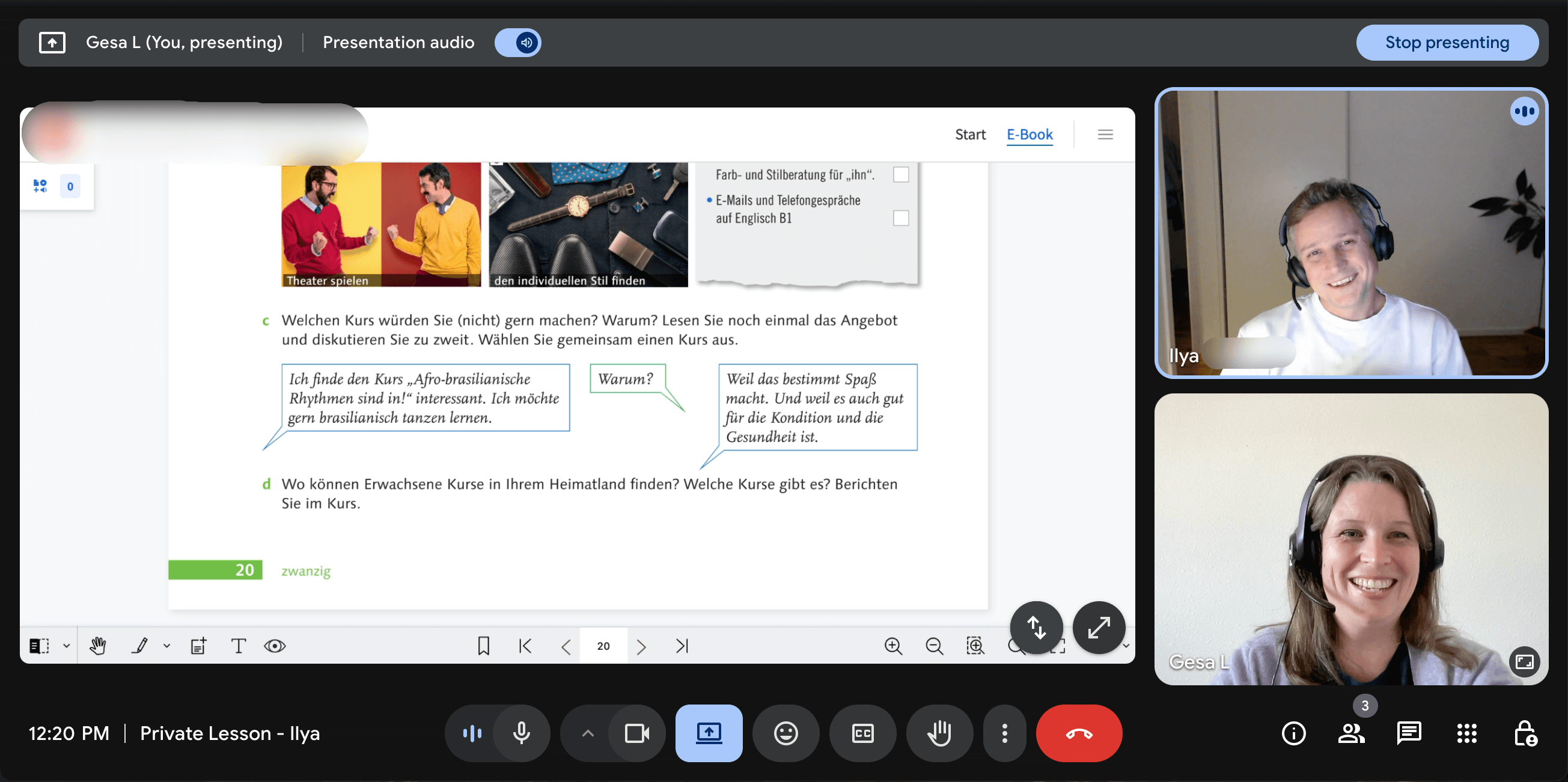 Live online German lesson for adults with German4FUN via Google Meet, taught by a native German teacher in a calm, conversation focused setting.
