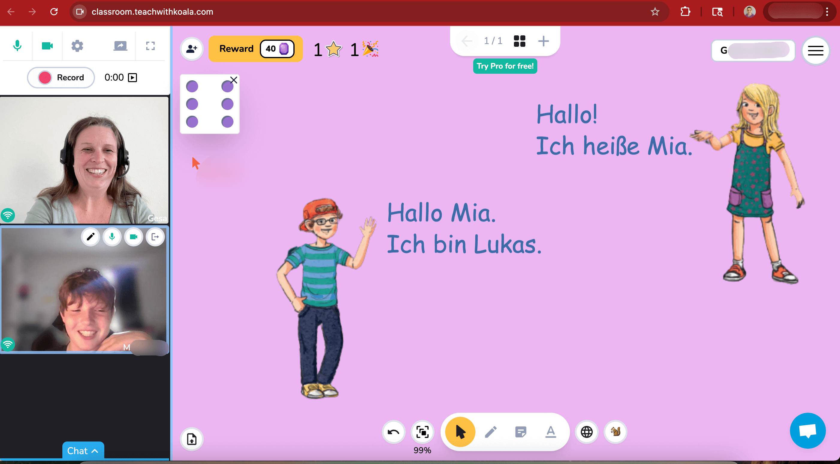 Live online German lesson for kids using Koala Go with interactive activities.