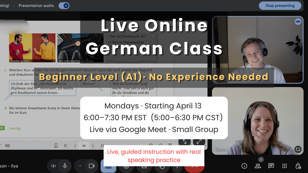 Live online German class for adults at beginner A1 level with instructor and student on video call and lesson materials on screen