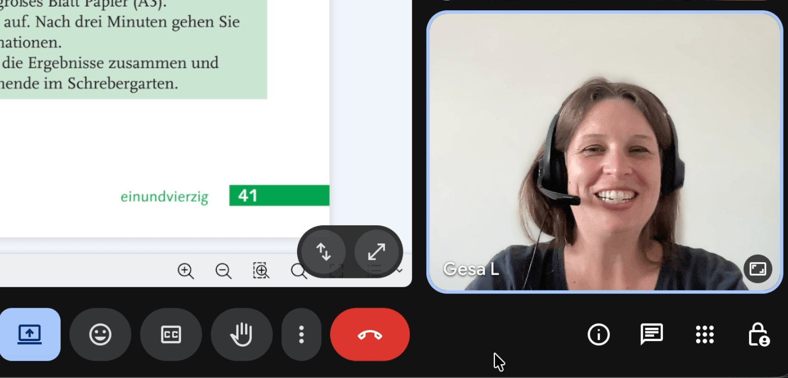 German teacher Gesa teaching a live online German lesson for adults.